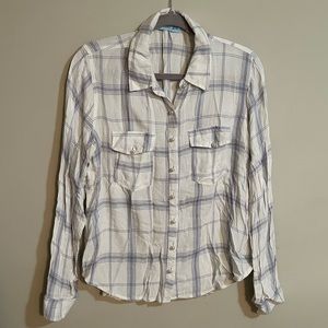 Dina be Women’s Size Medium Pearl Button Up Blue White Plaid Top